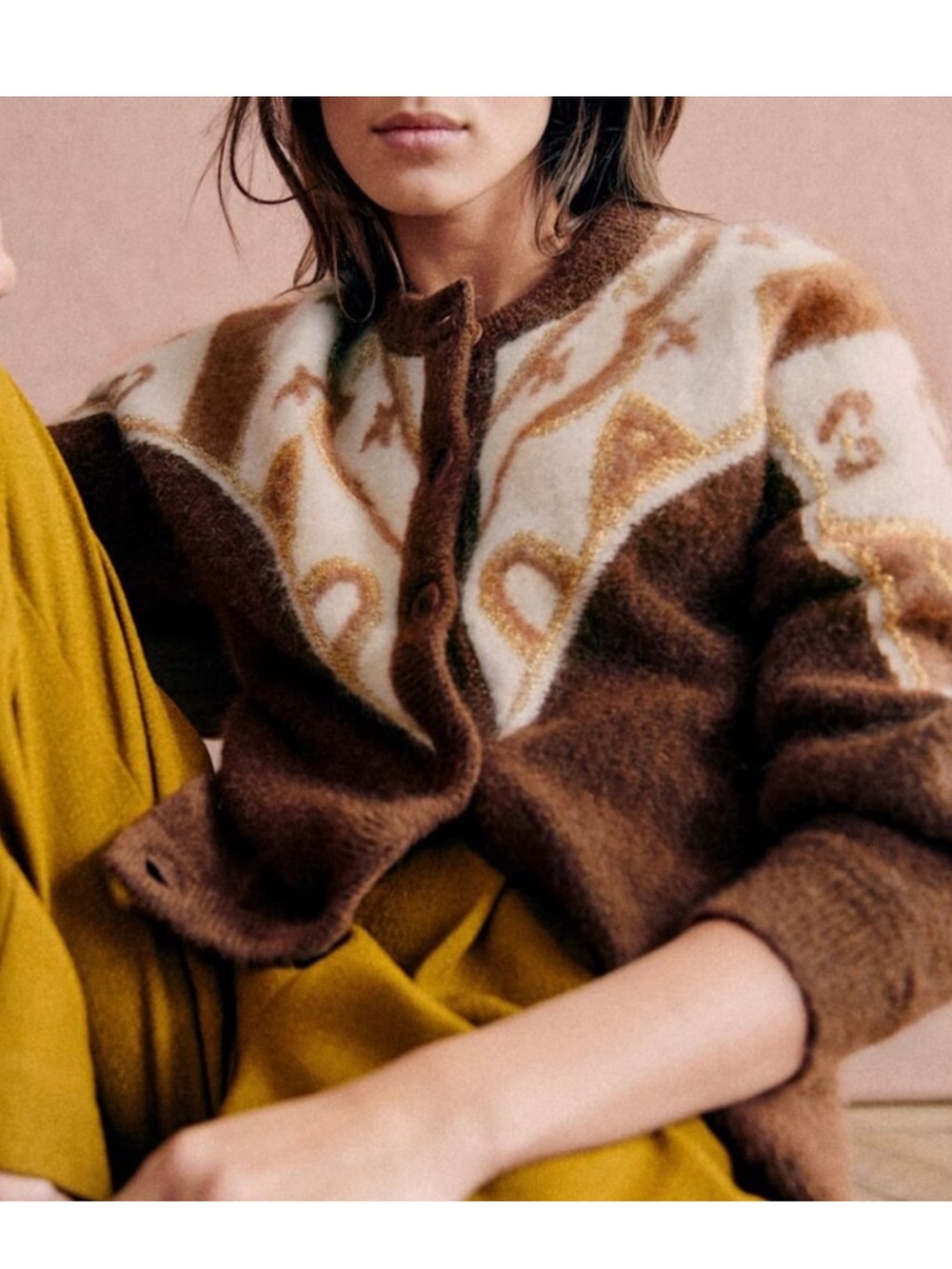 Sezane Margaux Cardigan Small Brown Camel Knit White Pink Wool Blend Sweater S